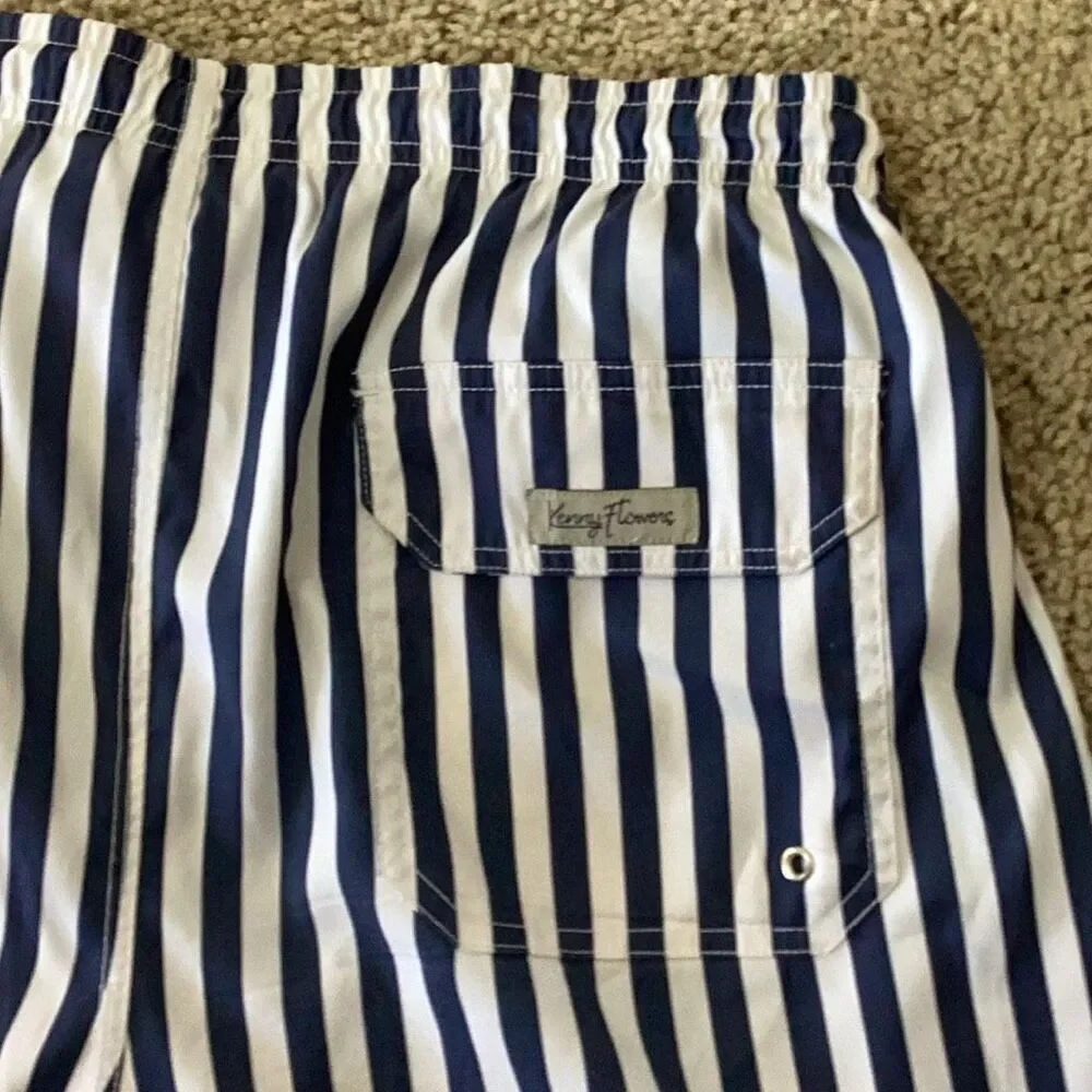 Kenny Flowers Navy White Striped Swim Trunks Sz XL Resort Beach Shorts